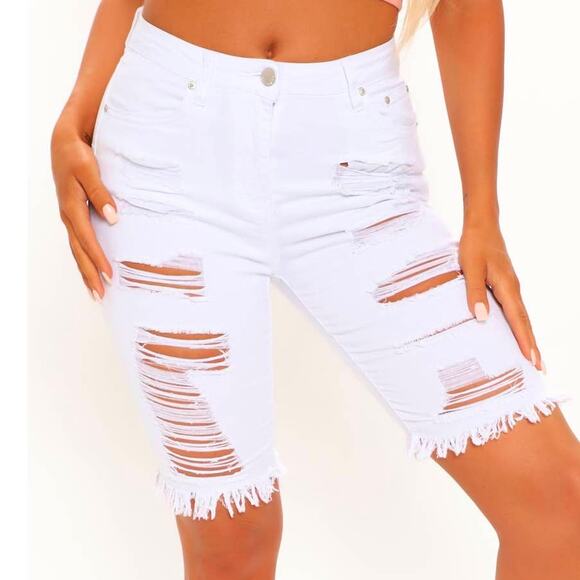 New Fashion Nova Small Asking For Trouble Bermuda Denim Bike Shorts‎ Destructed - Picture 1 of 6